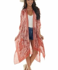 ANGIE Light Coral Leaf Print Open Front Kimono 25 ANGIE Light Coral Leaf Print Open Front Kimono