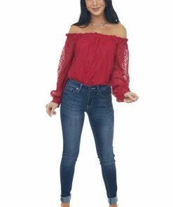 SugarFox Crimson Off Shoulder Long Bubble Sleeve Lace Top