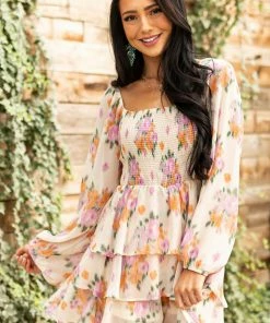 Entro Desert Sand Floral Print Long Sleeve Romper Dresses