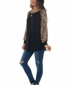 Celeste Design Black Leopard Print Long Puff Sleeve Knit Top Tops