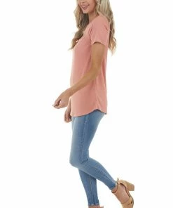 BOMBOM Salmon Ribbed Knit Short Sleeve Top With Chest Cutout Tops