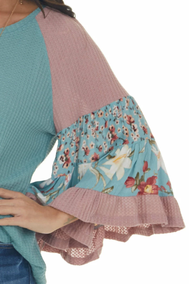 Umgee Teal Colorblock Tiered Sleeve Waffle Knit Top 18 Umgee Teal Colorblock Tiered Sleeve Waffle Knit Top