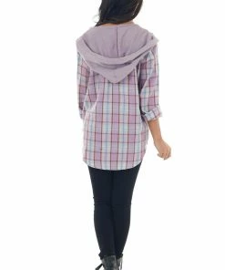 Hem & Thread Tops Orchid Plaid Print Shirt Jacket With Hoodie