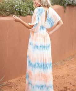 Flying Tomato Cobalt And Salmon Tie Dye Pleated Woven Maxi Dress Dresses