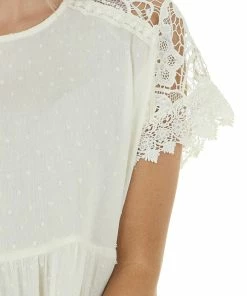 143 Story Cream Swiss Dot Woven Top With Lace Short Sleeves Tops