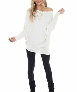 Cherish Cream Long Dolman Sleeve Knit Top With Asymmetrical Hemline