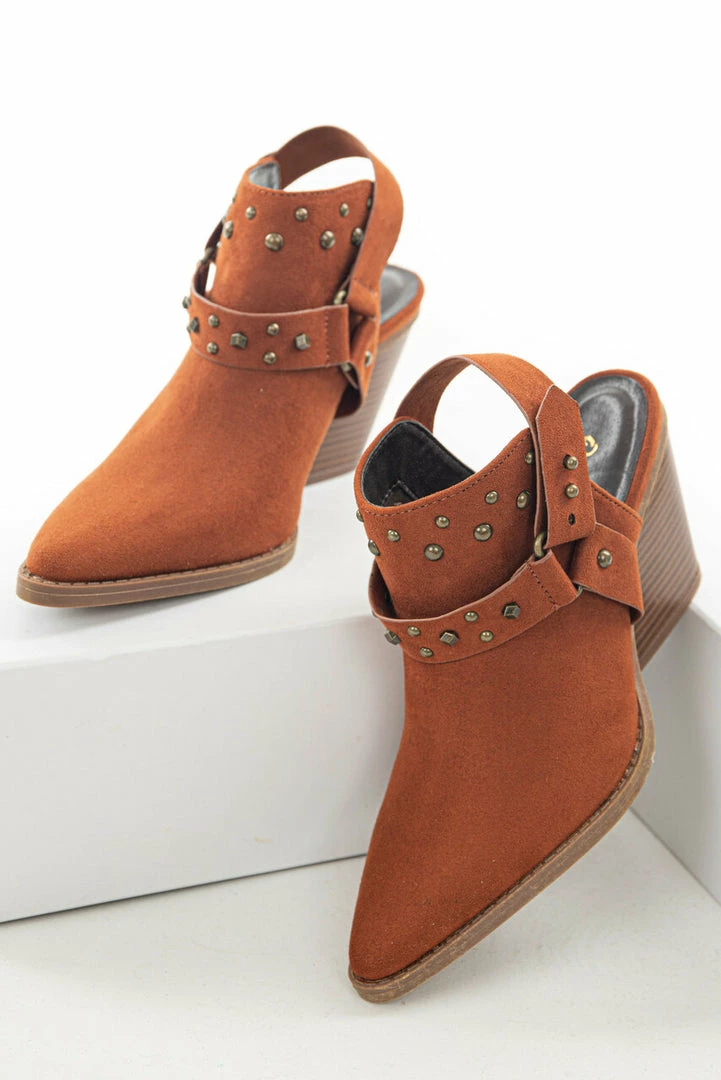 East Lion Corp. Dark Rust Faux Suede Mule Heel Studded Bootie Shoes 16 East Lion Corp. Dark Rust Faux Suede Mule Heel Studded Bootie Shoes