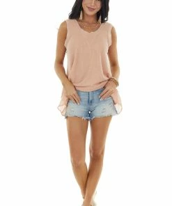 Doe & Rae Apricot Waffle Knit Tank With Sheer Detail 12 Doe & Rae Apricot Waffle Knit Tank With Sheer Detail