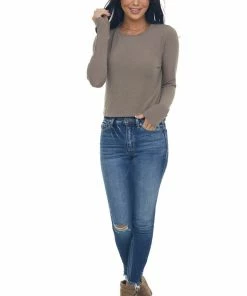 Charlotte Avery Tops Taupe Long Sleeve Textured Cropped Knit Top