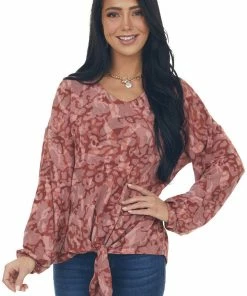 GeeGee Tops Marsala Camo Bubble Sleeve Top With Front Knot