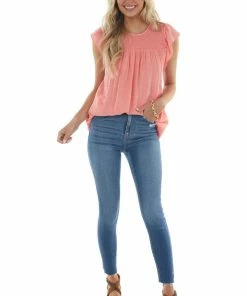 143 Story Tops Coral Smocked Cap Sleeve Woven Blouse