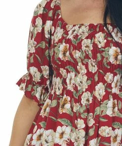 Jodifl Cranberry Red Floral Print Smocked Short Dress