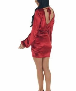 Main Strip Dresses Cherry Velvet Mini Dress With Surplice Back And Tie Detail