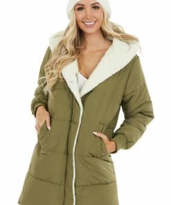 Style Melody Olive Hooded Puffer Coat With Button And Zip Up Closure Outerwear