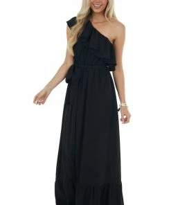 Main Strip Black Elastic Off Shoulder Ruffle Maxi Dress Dresses