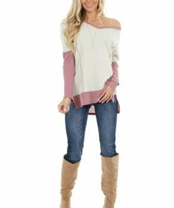 First Love Cream And Mauve Contrast Waffle Knit V Neck Top 29 First Love Cream And Mauve Contrast Waffle Knit V Neck Top