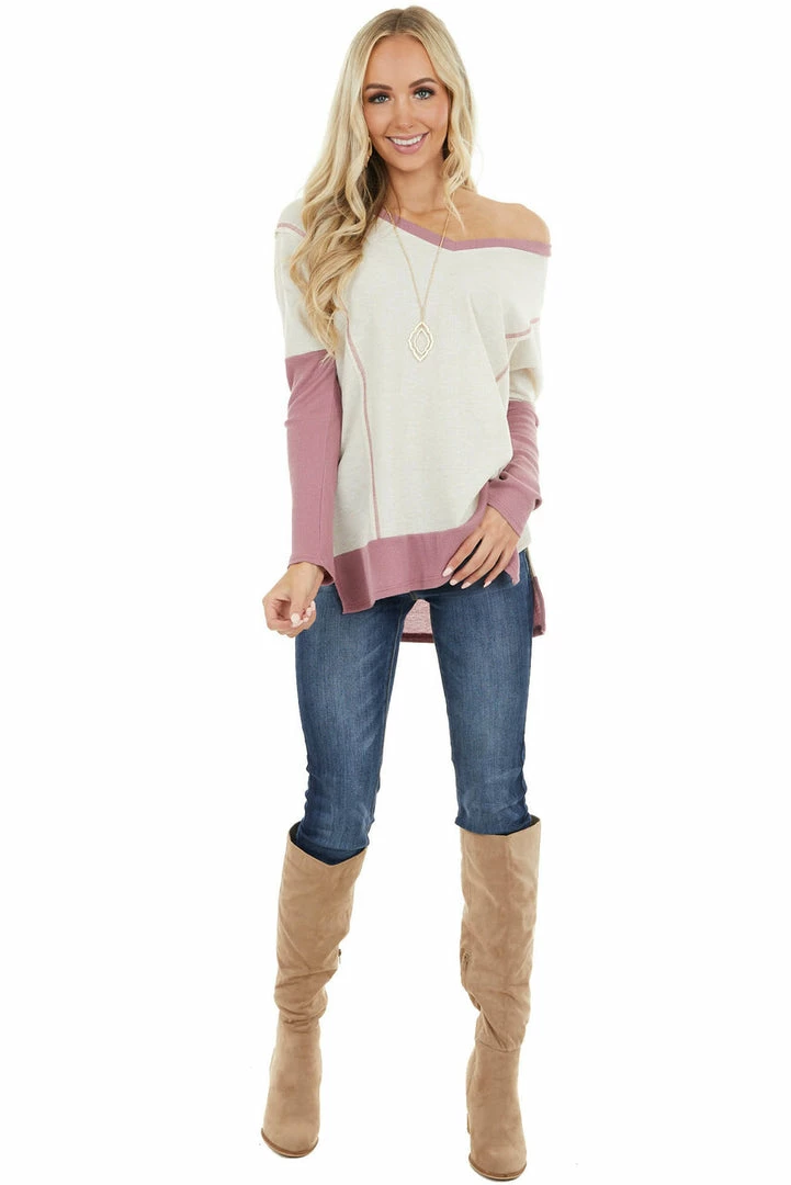 First Love Cream And Mauve Contrast Waffle Knit V Neck Top 14 First Love Cream And Mauve Contrast Waffle Knit V Neck Top