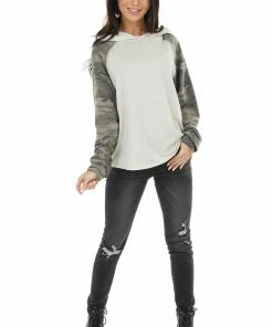 12PM Tops Oatmeal Hoodie Knit Top With Camo Print Contrast Sleeves 28 12PM Tops Oatmeal Hoodie Knit Top With Camo Print Contrast Sleeves