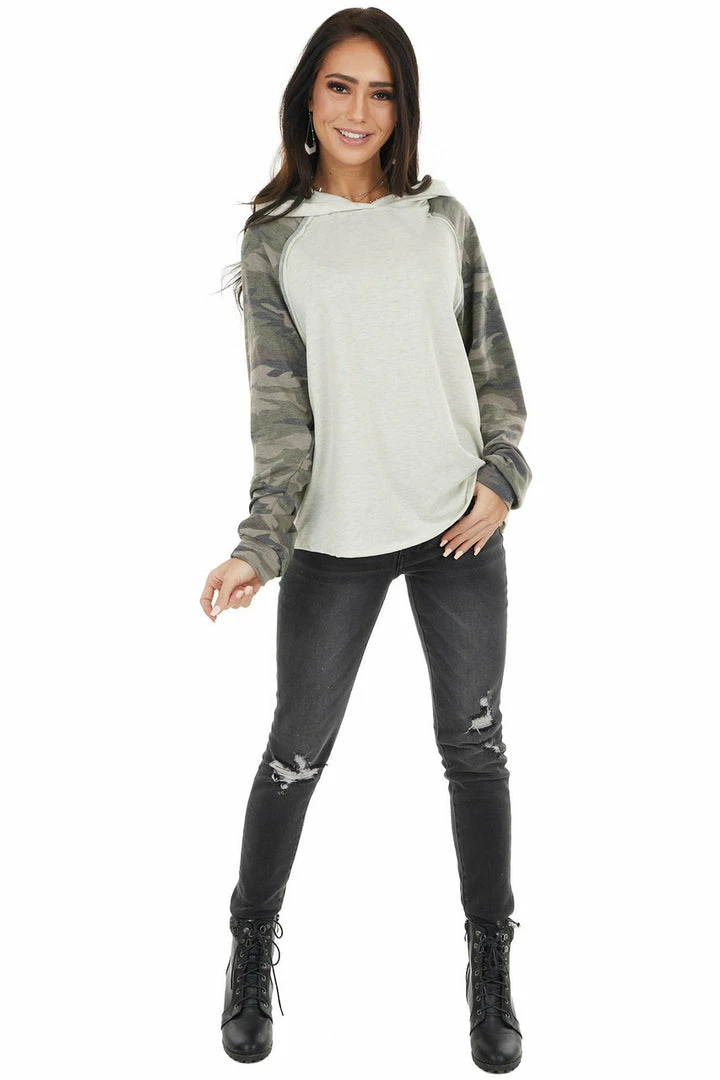 12PM Tops Oatmeal Hoodie Knit Top With Camo Print Contrast Sleeves 13 12PM Tops Oatmeal Hoodie Knit Top With Camo Print Contrast Sleeves