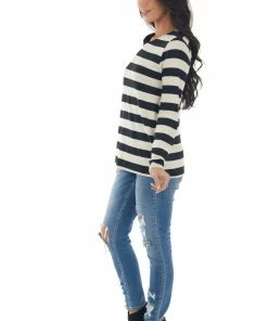 BiBi Cream Striped Top With Tied Cold Shoulder