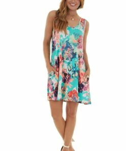 HEIMISH Seafoam Neon Floral Sleeveless Swing Dress