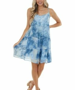 Umgee Blue Tie Dye Swiss Dot Short Dress With Straps