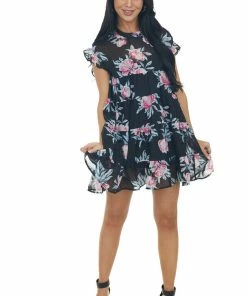 Bighit Fashion Black Floral Print Short Sleeve Tiered Babydoll Short Dress 23 Bighit Fashion Black Floral Print Short Sleeve Tiered Babydoll Short Dress