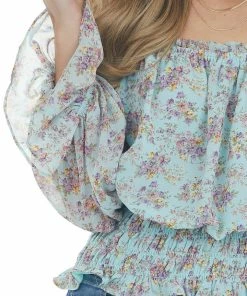 Eesome Tops Arctic Blue Floral Print Smocked Waist Blouse