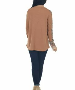 BiBi Camel And Floral Waffle Knit Long Sleeve Top Tops