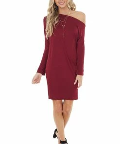 Cherish Wine Off The Shoulder Long Sleeve Semi Fitted Short Dress Dresses