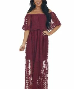 Wishlist Dresses Wine Lace Ruffle Off The Shoulder Maxi Dress