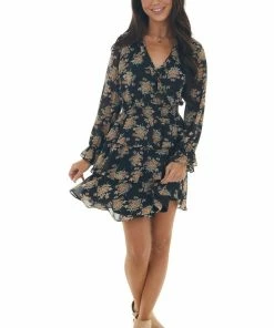 She + Sky Dresses Black And Taupe Floral Surplice Ruffle Dress 12 She + Sky Dresses Black And Taupe Floral Surplice Ruffle Dress