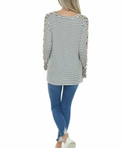Haptics Ivory Striped Knit Top With Leopard Contrast
