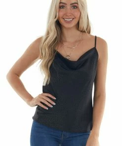 L Love Black Leopard Satin Cami With Cowl Neckline Tops