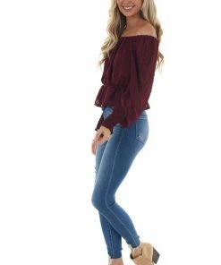 She + Sky Mahogany Long Sleeve Peplum Swiss Dot Blouse