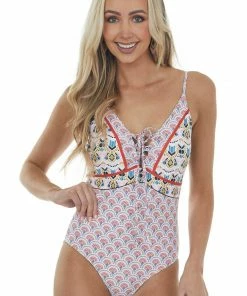 Davi & Dani Rust And Mustard Printed Lace Up Neck Swimsuit