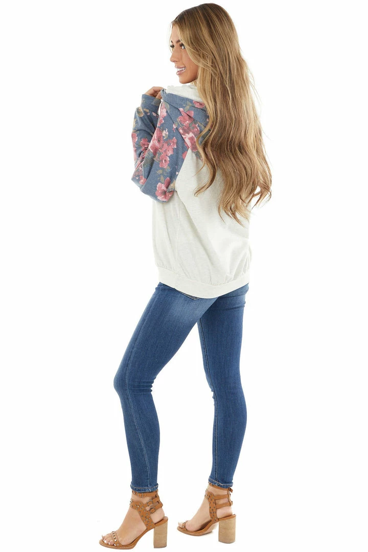 12PM Tops Cream And Dusty Cornflower Floral Hoodie With Drawstrings 6 12PM Tops Cream And Dusty Cornflower Floral Hoodie With Drawstrings