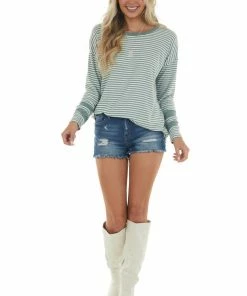 Vanilla Bay Sage Green Striped Print Long Sleeve Knit Top