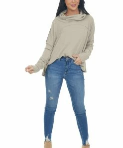 Blue B Oatmeal Cowl Neck Long Sleeve Brushed Knit Top Tops