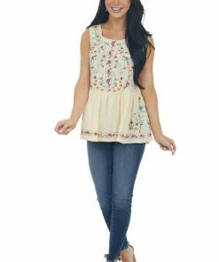 Umgee Tops Buttercream Floral Embroidered Drop Waist Top