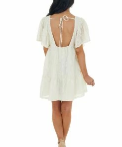 Flying Tomato Cream Lace Mini Babydoll Dress With Open Back