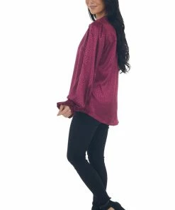 Vine & Love Burgundy Animal Print Notch Neck Satin Blouse Tops