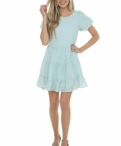 She + Sky Dresses Light Blue Textured Woven Short Drop Waist Tiered Dress