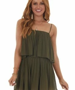 NAKED ZEBRA Willow Sleeveless Pleated Overlaying Flowy Fitted Romper Dresses
