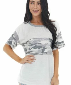 BiBi Tops Ivory Camo Print Short Sleeve Knit Top With Stitching Detail
