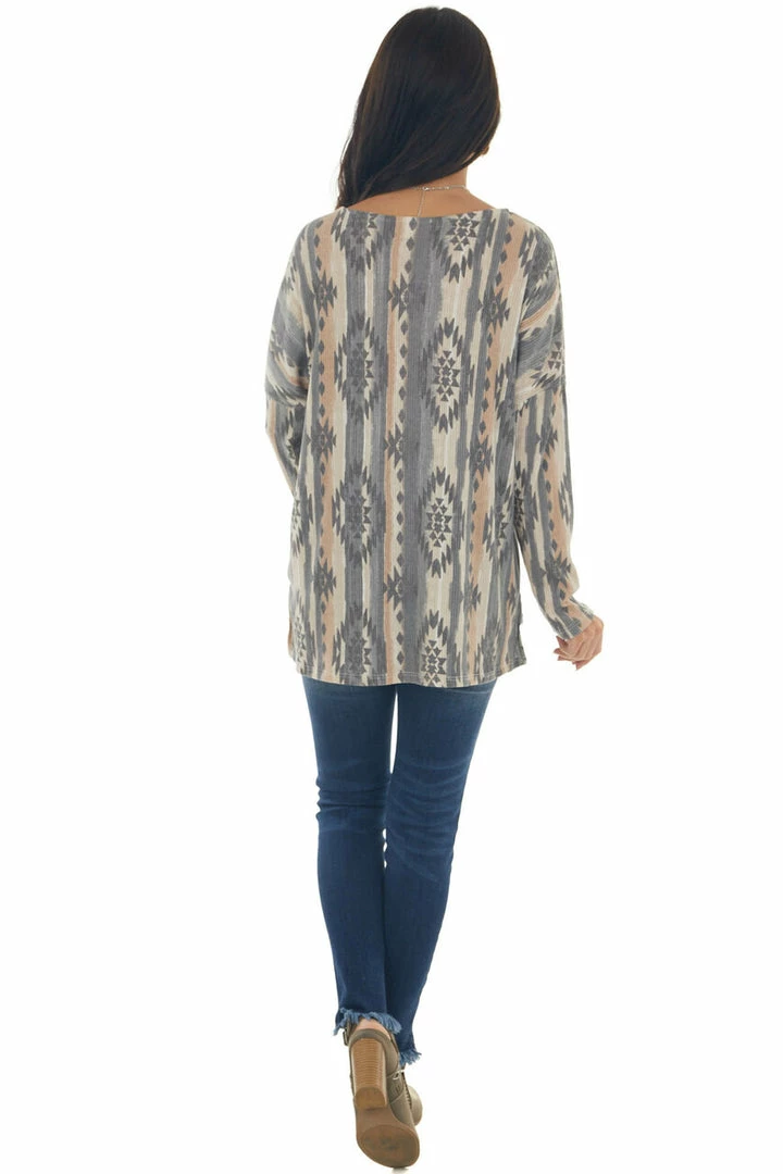 Lovely Melody Tops Stone Grey Aztec Print Long Sleeve Tunic Top 14 Lovely Melody Tops Stone Grey Aztec Print Long Sleeve Tunic Top