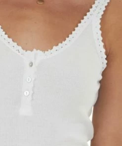 ANGIE White Ribbed Knit Tank Top With Button And Lace Trim Details