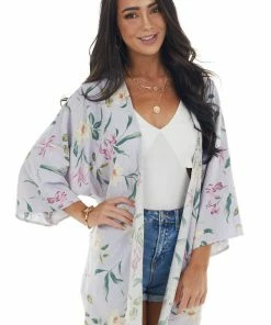HEIMISH Lavender Floral Print Kimono With High Low Hem