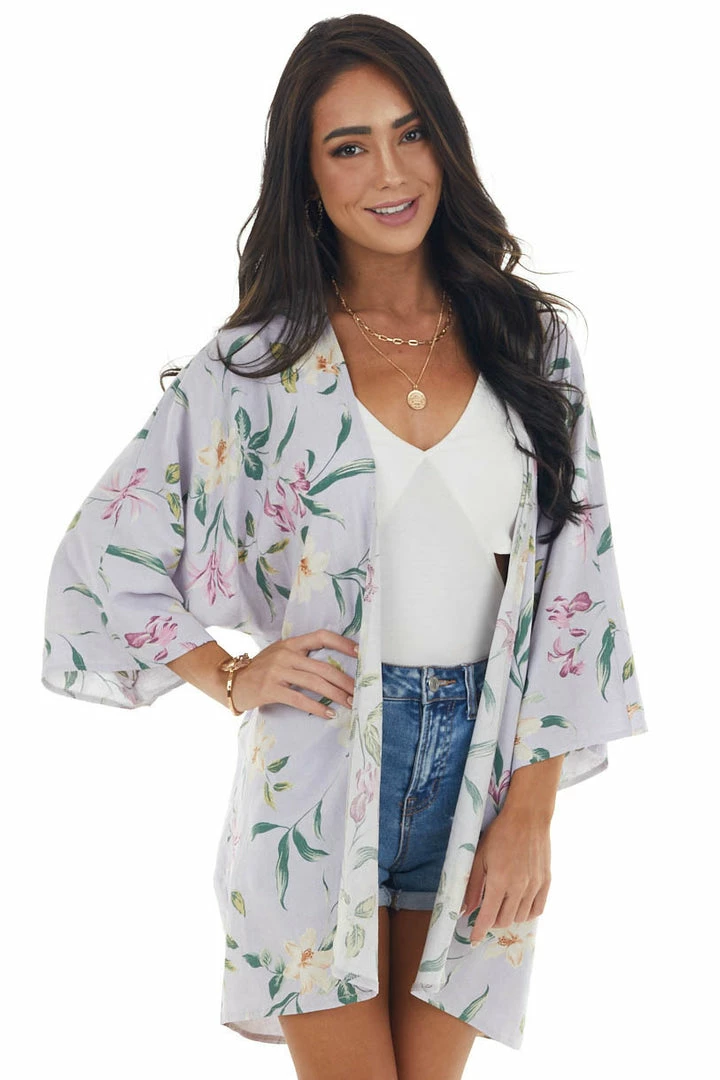 HEIMISH Lavender Floral Print Kimono With High Low Hem 3 HEIMISH Lavender Floral Print Kimono With High Low Hem