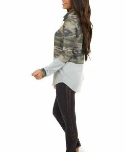 Hailey & Co Tops Olive Camo Colorblock Long Sleeve Top With Cowl Neckline